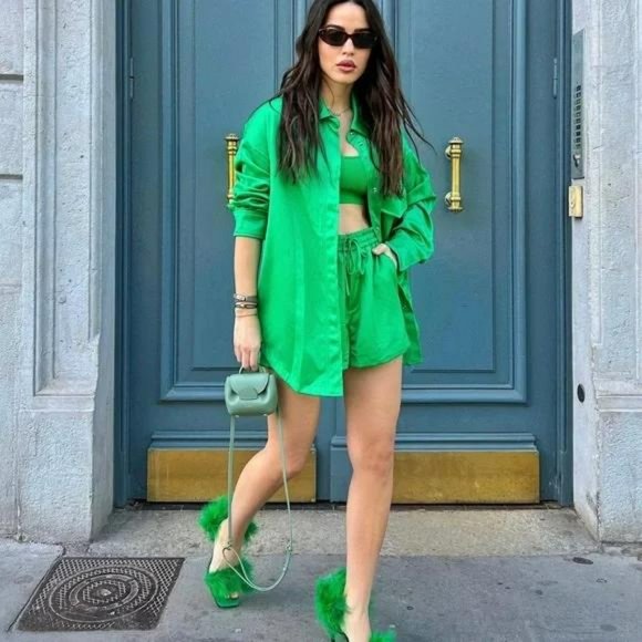 ZARA 2 PIECE SATIN OVERSHIRT AND MATCHING SHORTS GREEN - Picture 1 of 10